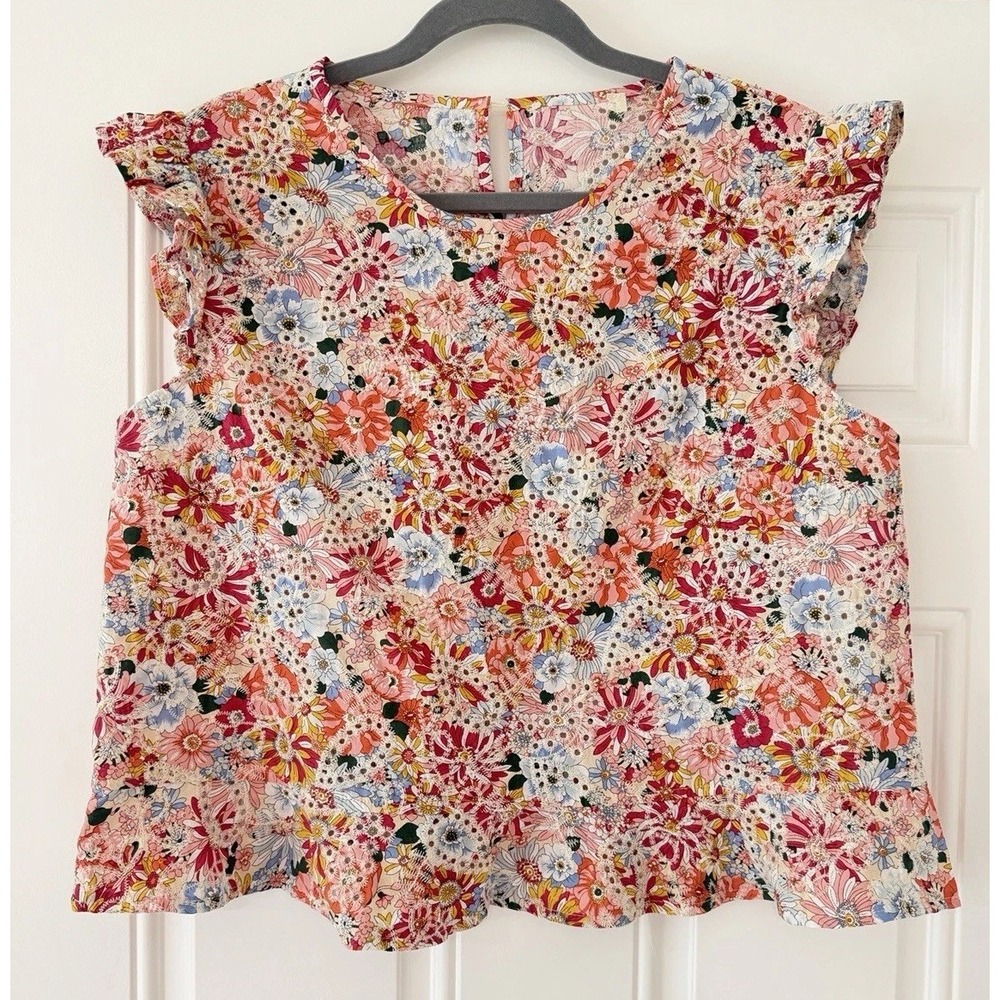 Solitaire Floral Eyelet Ruffle Cap Sleeve Ruffle Hem Blouse In Pink, Coral, Blue